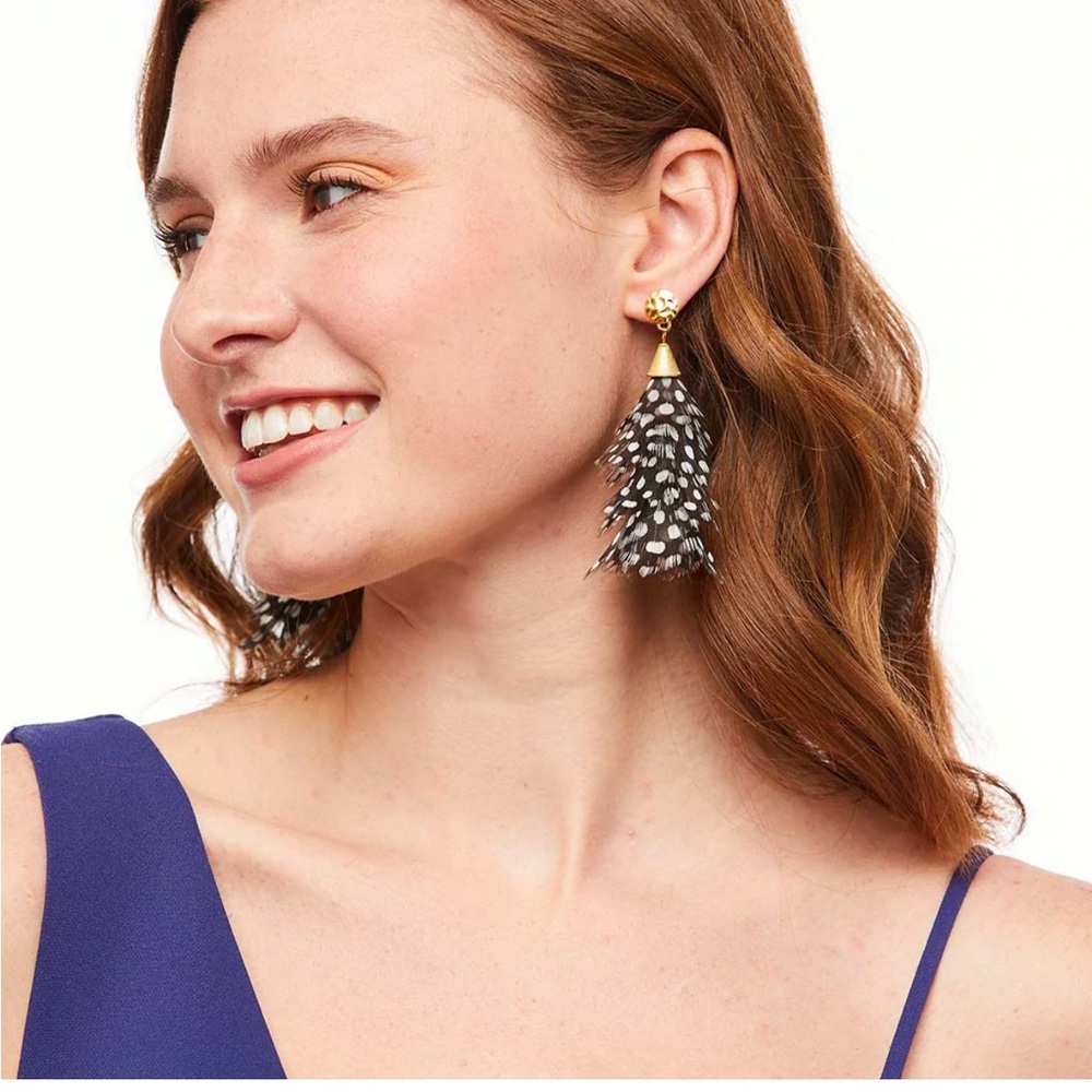 Gold Top Black & White Feather Drop Earrings - Picture 2 of 12